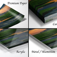 The image is a collage of four different images, each depicting a landscape scene. The images are labeled as "Premium Paper", "Canvas Wrap", "Acrylic", and "Metal/Aluminum".
