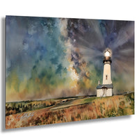 A watercolor painting depicting a lighthouse standing on a grassy hill, with a starry sky in the background.
