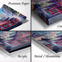 The image is a collage of four images depicting different types of paper used for printing, including premium paper, canvas wrap, acrylic, and metal/aluminum.