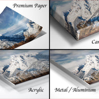 The image is a collage of four different pictures, each depicting a snowy mountain landscape. The images are labeled as "Premium Paper", "Canvas Wrap", "Acrylic", and "Metal/Aluminum" to describe the materials used for the prints.