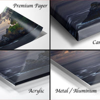 The image is a collage of four different views of a landscape, including a premium paper print, a canvas wrap, an acrylic print, and a metal/aluminum print.