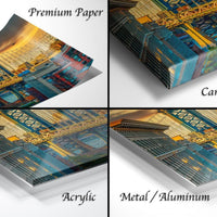 The image is a collage of four different views of a bridge, each with a different material used to print the artwork. The first view is printed on premium paper, the second on canvas wrap, the third on acrylic, and the fourth on metal/aluminum.