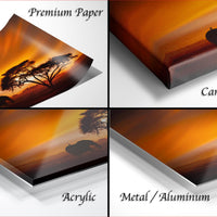 The image is a collage of four different images depicting a sunset landscape, with the top left image being a premium paper print, the top right image being a canvas wrap, the bottom left image being an acrylic print, and the bottom right image being a metal or aluminum print.
