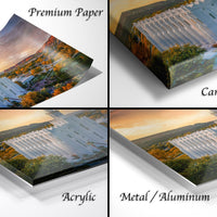 The image is a collage of four photos depicting the Temple of Jesus Christ, with each photo labeled as either "Premium Paper", "Canvas Wrap", "Acrylic", or "Metal/Aluminum".