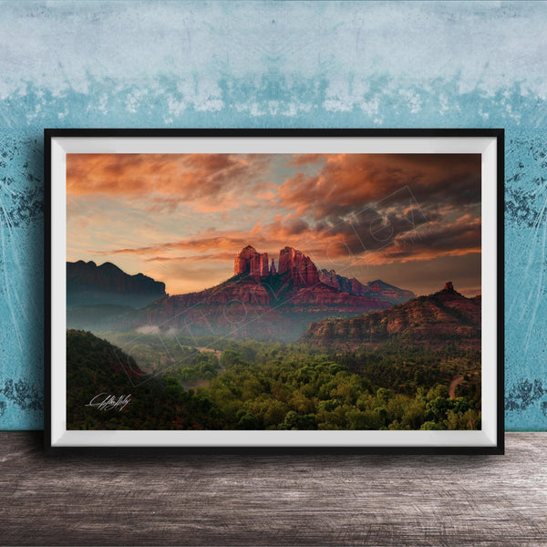 cathedral rock sedona, sedona sunrise photography, lovers knoll sedona, red rock landscape art, sedona fine art print, arizona wall decor, southwest photography, spiritual landscape art, nature wall art, sedona vortex photo, luxury fine art print, desert sunrise art, collectible landscape photo
