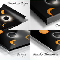 The image is a collage of four different images, each depicting a solar eclipse. The images are labeled as "Premium Paper", "Canvas Wrap", "Acrylic", and "Metal/Aluminum".