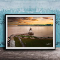 Portland Maine lighthouse art, Bug Light coastal print, Maine sunset wall decor, Casco Bay photography, New England seascape art, lighthouse fine art, golden hour ocean print, coastal home décor, maritime landscape photo, nautical wall artwork, serene harbor scene, Maine travel décor, oceanfront sunset art, harbor lighthouse print