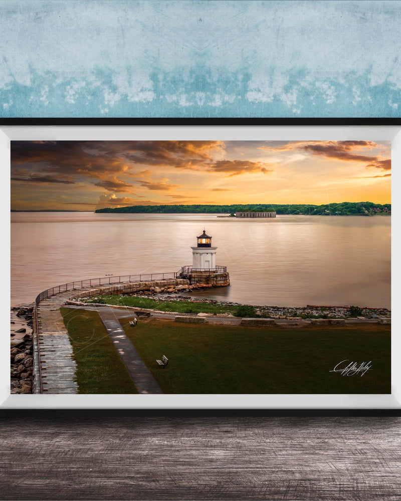 Portland Maine lighthouse art, Bug Light coastal print, Maine sunset wall decor, Casco Bay photography, New England seascape art, lighthouse fine art, golden hour ocean print, coastal home décor, maritime landscape photo, nautical wall artwork, serene harbor scene, Maine travel décor, oceanfront sunset art, harbor lighthouse print