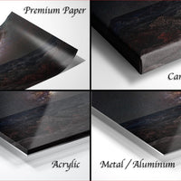 The image is a collage of four different materials used for printing or displaying artwork, including premium paper, canvas wrap, acrylic, and metal/aluminum.