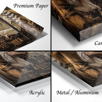 The image is a collage of four different views of a painting or artwork, each with a distinct description. The first view is a close-up of the artwork, the second view is a wider perspective, the third view is a close-up of the artwork, and the fourth view is a wider perspective of the artwork.