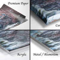 The image is a collage of four different views of a printed image, including a close-up of the printed image, a canvas wrap, an acrylic print, and a metal/aluminum print.