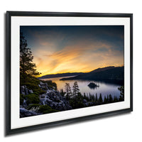 Emerald Bay Lake Print, Serene Mountain Pine Tree Wall Art Decor