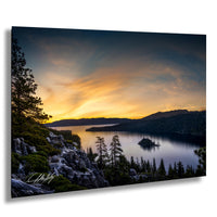 Emerald Bay Lake Print, Serene Mountain Pine Tree Wall Art Decor