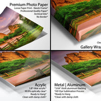 The image is a collage of four different images, each depicting a landscape scene. The images are labeled as "Premium Photo Paper", "Loose Paper Print", "Professional Quality Paper", and "Gallery Wrapped Canvas".