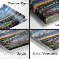 four different views of a printed photograph, including a top-down view, a side view, a front view, and a bottom-up view. The photograph is printed on a variety of materials, such as paper, canvas wrap, acrylic, and metal/aluminum.