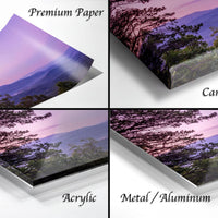 The image is a collage of four different views of a landscape, including a premium paper print, a canvas wrap, an acrylic print, and a metal/aluminum print.