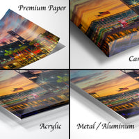 The image is a collage of four different views of a sunset over a baseball stadium, with each view presented in a different medium: premium paper, canvas wrap, acrylic, and metal/aluminum.