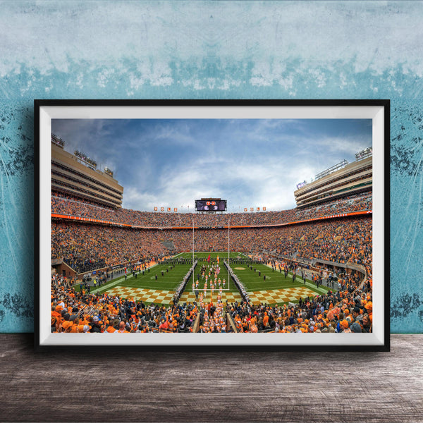 A framed photograph of a crowded football stadium during a game, with the field and stands filled with spectators.