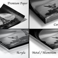 four different views of a black and white photograph of the Eiffel Tower, with each view labeled as either "Premium Paper", "Canvas Wrap", "Acrylic", or "Metal/Aluminum".
