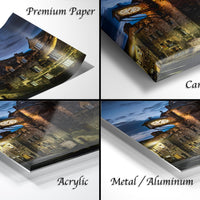 The image is a collage of four different views of a cityscape at night, showcasing the city's architectural features and nighttime ambiance.
