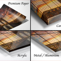 The image is a collage of four different views of a bridge at sunset, each with a different description: "Premium Paper", "Canvas Wrap", "Acrylic", and "Metal/Aluminum".