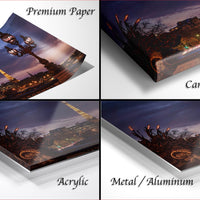 The image is a collage of four different views of a cityscape at night, including a close-up of a lamp post, a close-up of a building, and a close-up of a street lamp. The collage is labeled as "Premium Paper", "Canvas Wrap", "Acrylic", and "Metal/Aluminum".