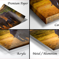 The image is a collage of four different views of a group of elephants in a natural setting, with the text "Premium Paper", "Canvas Wrap", "Acrylic", and "Metal/Aluminum" indicating the materials used to print the images.