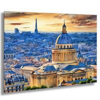 a cityscape with a large domed building in the center, surrounded by smaller buildings and structures. The sky above the city is filled with clouds, creating a dramatic backdrop for the scene. The overall color palette of the image is dominated by shades of blue, yellow, and orange, reflecting the warm hues of the setting sun.