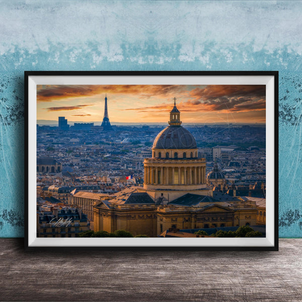 a cityscape with a large domed building in the foreground, surrounded by other buildings and a skyline in the background, with the Eiffel Tower visible in the distance.