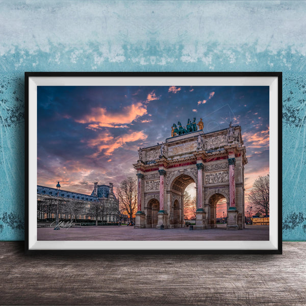 a large, ornate archway with intricate carvings and statues, set against a vibrant sky with colorful clouds.