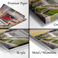 four different views of a large building, with each view labeled as either "Premium Paper", "Canvas Wrap", "Acrylic", or "Metal/Aluminum".