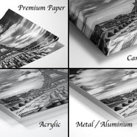 four different views of the Eiffel Tower, including a close-up of the tower, a landscape view, a close-up of the tower's reflection, and a close-up of the tower's reflection on a canvas wrap.