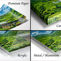 The image is a collage of four different views of a landscape, including a premium paper, a canvas wrap, an acrylic, and a metal/aluminum.