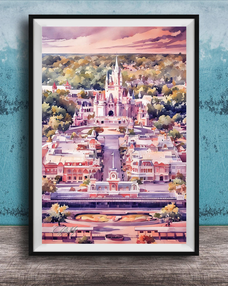 A framed painting depicting a colorful and whimsical cityscape with a castle-like structure in the background, set against a vibrant sky.