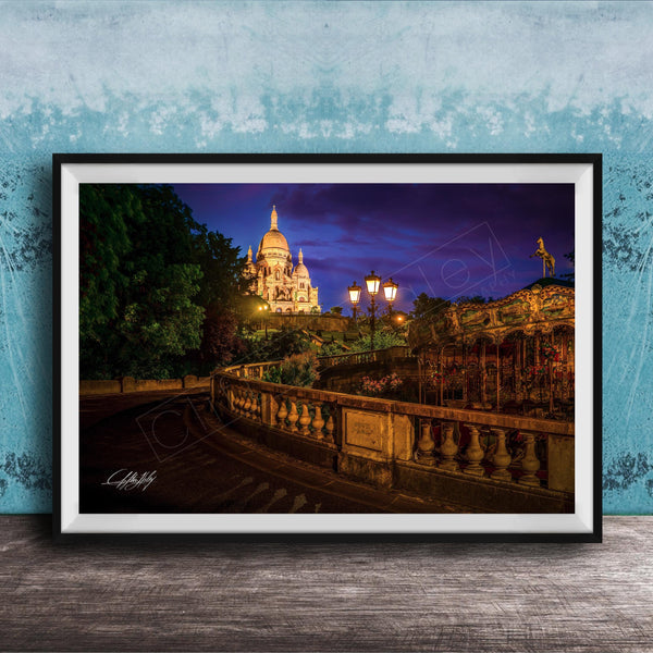 a picturesque night scene featuring a large, illuminated cathedral or church in the background, with a winding path leading up to it. The cathedral is surrounded by trees and illuminated by warm lighting, creating a serene and peaceful atmosphere.