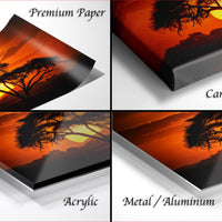 The image is a collage of four different images depicting a sunset landscape, with each image labeled with the type of material it is printed on: "Premium Paper", "Canvas Wrap", "Acrylic", and "Metal/Aluminum".