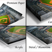 four different views of a baseball stadium, including a close-up of the field, a top-down view of the stadium, a side view, and a bottom-up view.