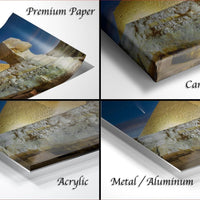 The image is a collage of four different images, each depicting a different type of paper used to print a photograph of the Great Pyramid of Giza. The images include "Premium Paper", "Canvas Wrap", "Acrylic", and "Metal/Aluminum".