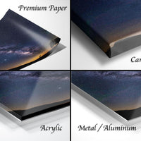 The image is a collage of four different views of a night sky, each with a different texture or finish, including "Premium Paper", "Canvas Wrap", "Acrylic", and "Metal/Aluminum".