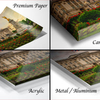 The image is a collage of four photos depicting a large building with a statue, flowers, and greenery.