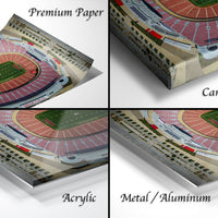 The image is a collage of four different views of a football stadium, including a close-up of the field, a top-down view of the stadium, a side view, and a bottom-up view.