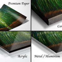 The image is a collage of four photos depicting different types of paper used for printing, including premium paper, canvas wrap, acrylic, and metal/aluminum.