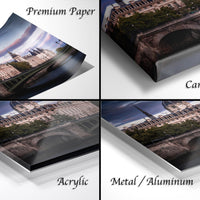 The image is a collage of four photos depicting a bridge and a castle, with each photo labeled as either "Premium Paper", "Canvas Wrap", "Acrylic", or "Metal/Aluminum".