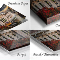 The image is a collage of four different views of a building, with each view labeled as "Premium Paper", "Canvas Wrap", "Acrylic", and "Metal/Aluminum".