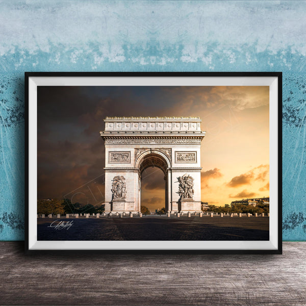 a large, ornate archway with intricate carvings and statues, set against a dramatic sky with clouds and warm colors.