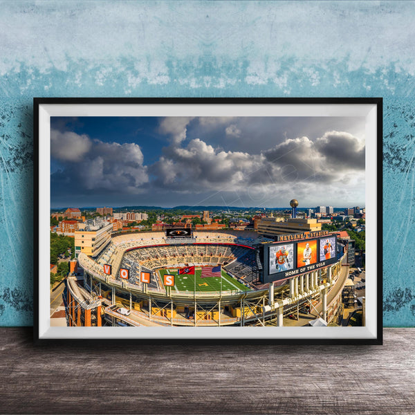 The image is a framed photograph of a football stadium with a city skyline in the background.