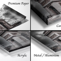 The image is a collage of four photographs depicting the Arc de Triomphe in Paris, France. The photographs are labeled as "Premium Paper", "Canvas Wrap", "Acrylic", and "Metal/Aluminum" to describe the materials used for the prints.
