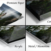 The image is a collage of four photos depicting different types of paper used for printing, including premium paper, canvas wrap, acrylic, and metal/aluminum.