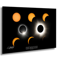 The image is a collage of various stages of a total solar eclipse, depicting the moon's shadow and the sun's corona.