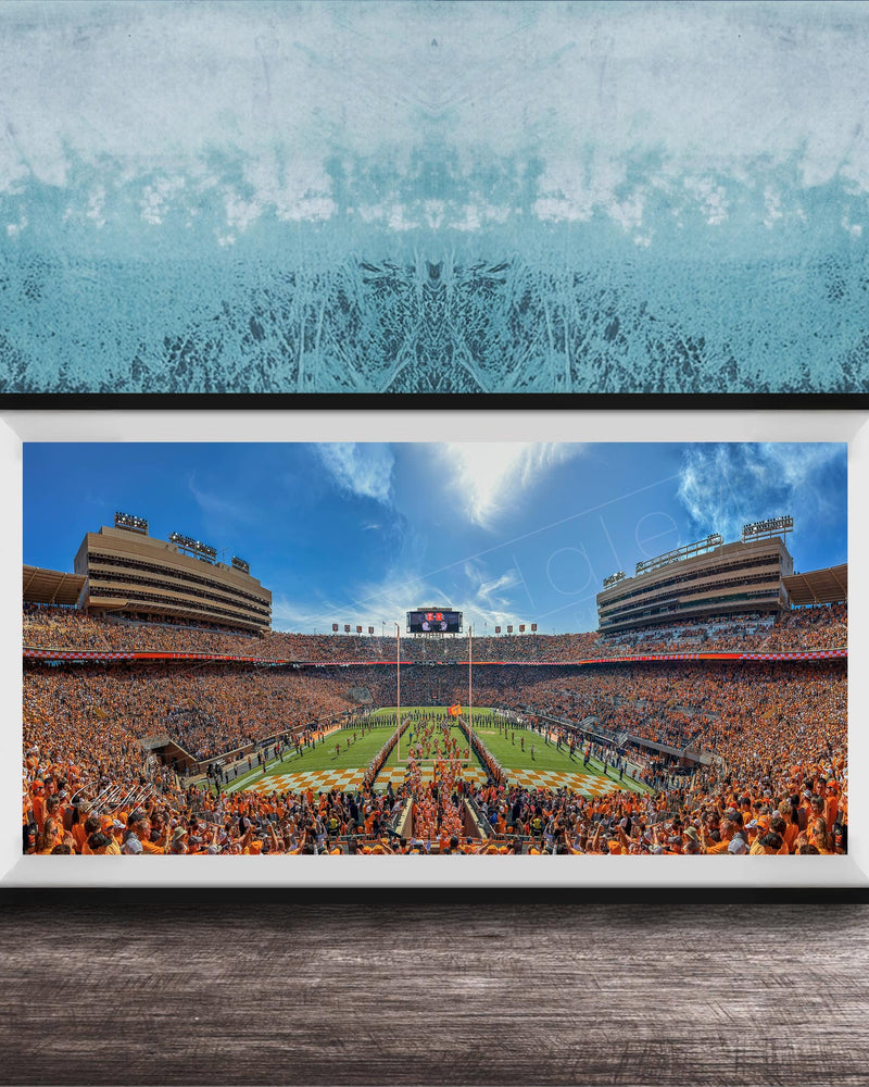 A framed photograph of a crowded football stadium with a large field and a scoreboard, set against a blue wall with a textured pattern.